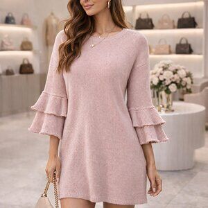 NWT Made in Italy Dusty Rose Ruffle Sleeve Knit Mini Sweater Dress Tunic